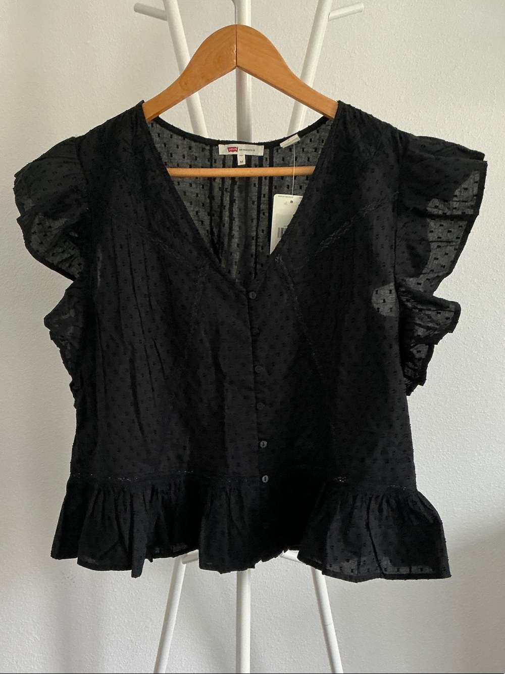 Levi's Black Dot Textured Ruffle Sleeve Button-Up Top